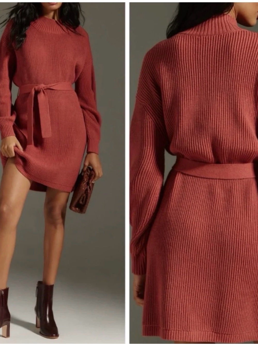 Anthropologie Maeve Size XS Mock Neck Tie Waist Sweater Mini Dress Cedar Color